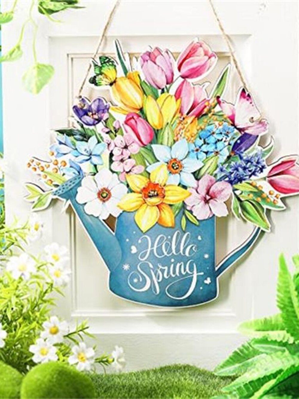 Hello Spring Door Sign Rustic Wooden Spring Wall Hanging Floral Wreath